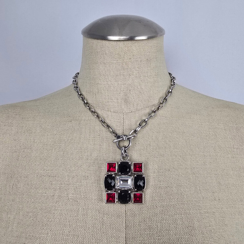 Myka Geometric Statement Necklace – Red & Black Crystal Pendant Silver Tone